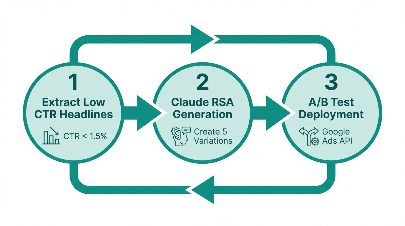 Three-step cycle for refreshing low-performing Responsive Search Ads.