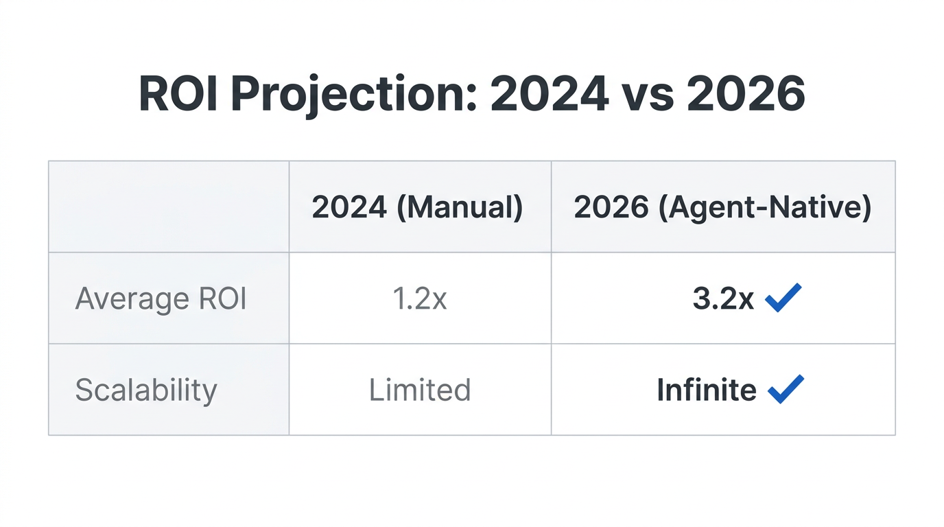 Comparison of ROI and scalability between manual and agent-native marketing.