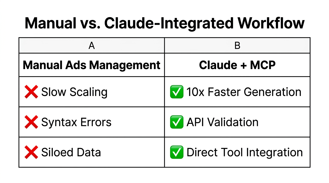 Comparison of traditional manual ad management versus automated Claude integration.
