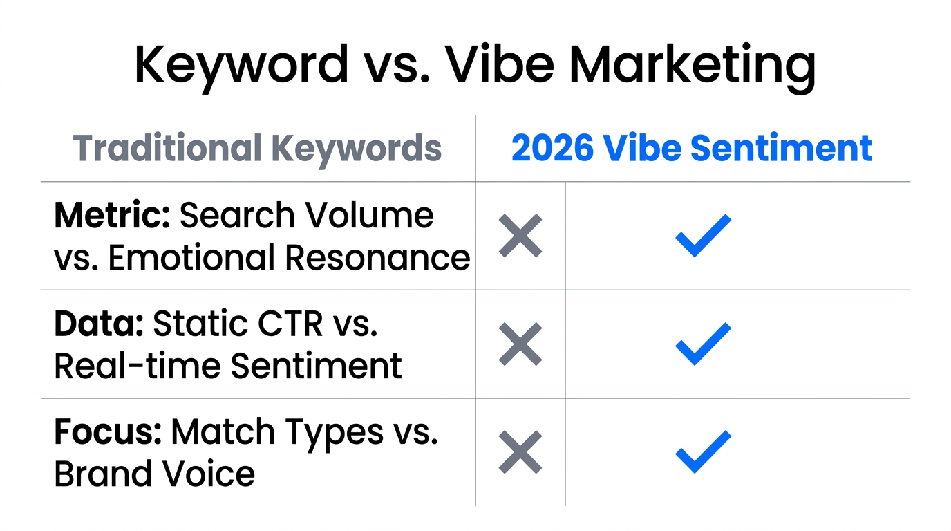 Comparison of traditional keyword metrics versus modern sentiment-driven vibe marketing.