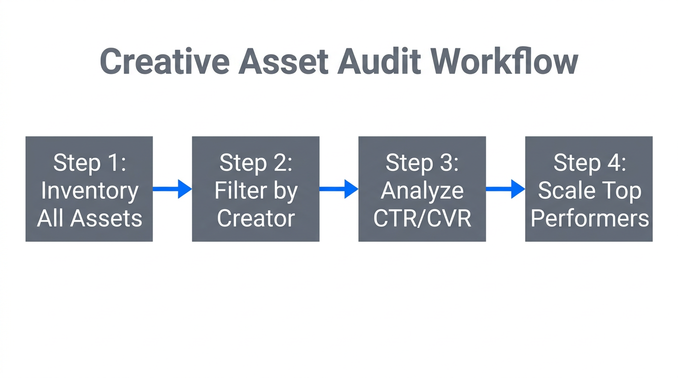 The four-step workflow for auditing creative assets in Google Ads.