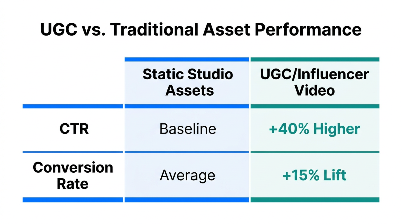 Performance comparison table showing CTR and conversion lifts for UGC.