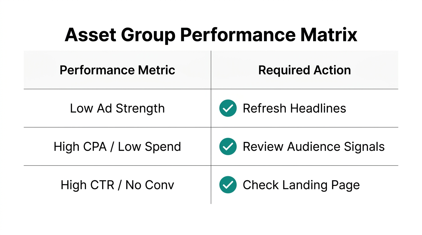 Diagnostic matrix for optimizing Performance Max asset group performance.