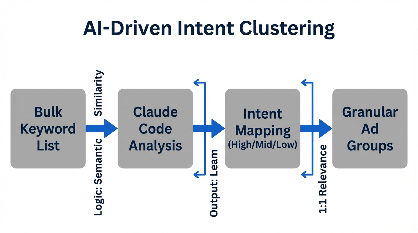 Workflow for transforming raw keywords into intent-based ad groups using Claude Code.