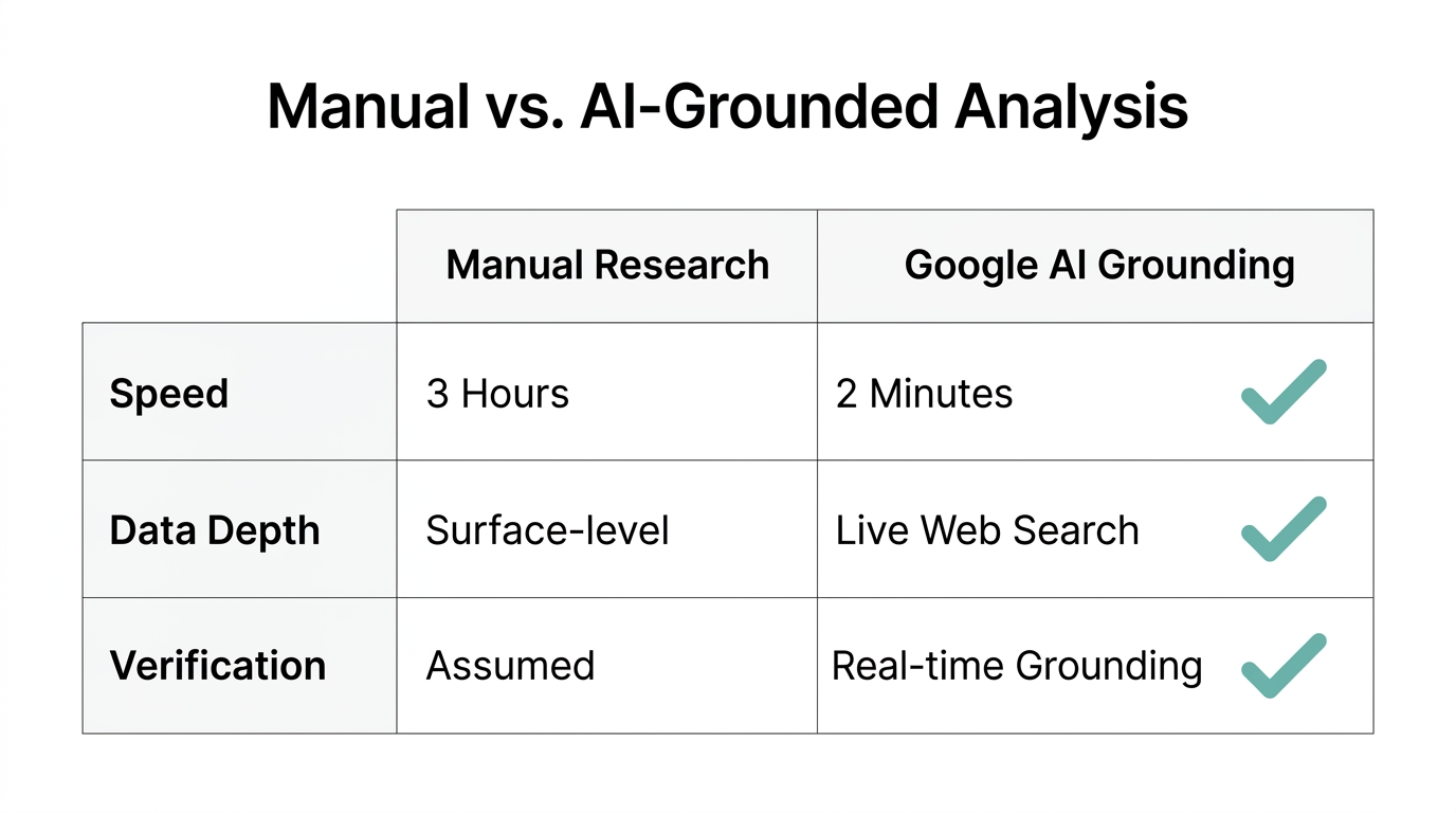 Efficiency comparison between manual research and AI search grounding.