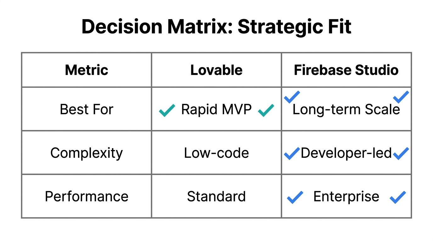 Final decision matrix for choosing between Lovable and Firebase Studio.