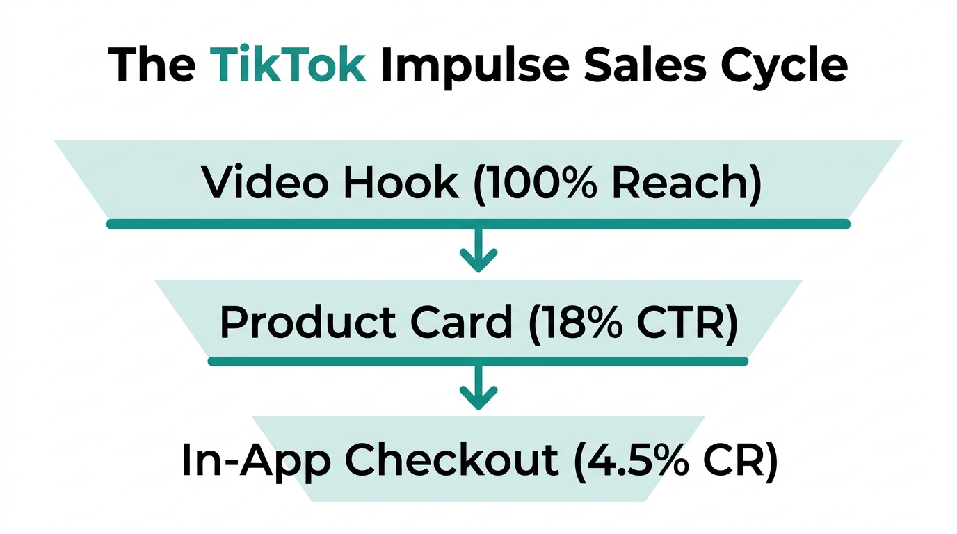 The discovery-to-purchase conversion funnel for TikTok Shop ads.