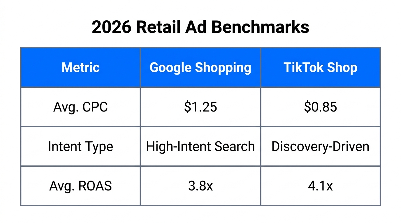 Projected 2026 performance metrics for Google and TikTok ad platforms.