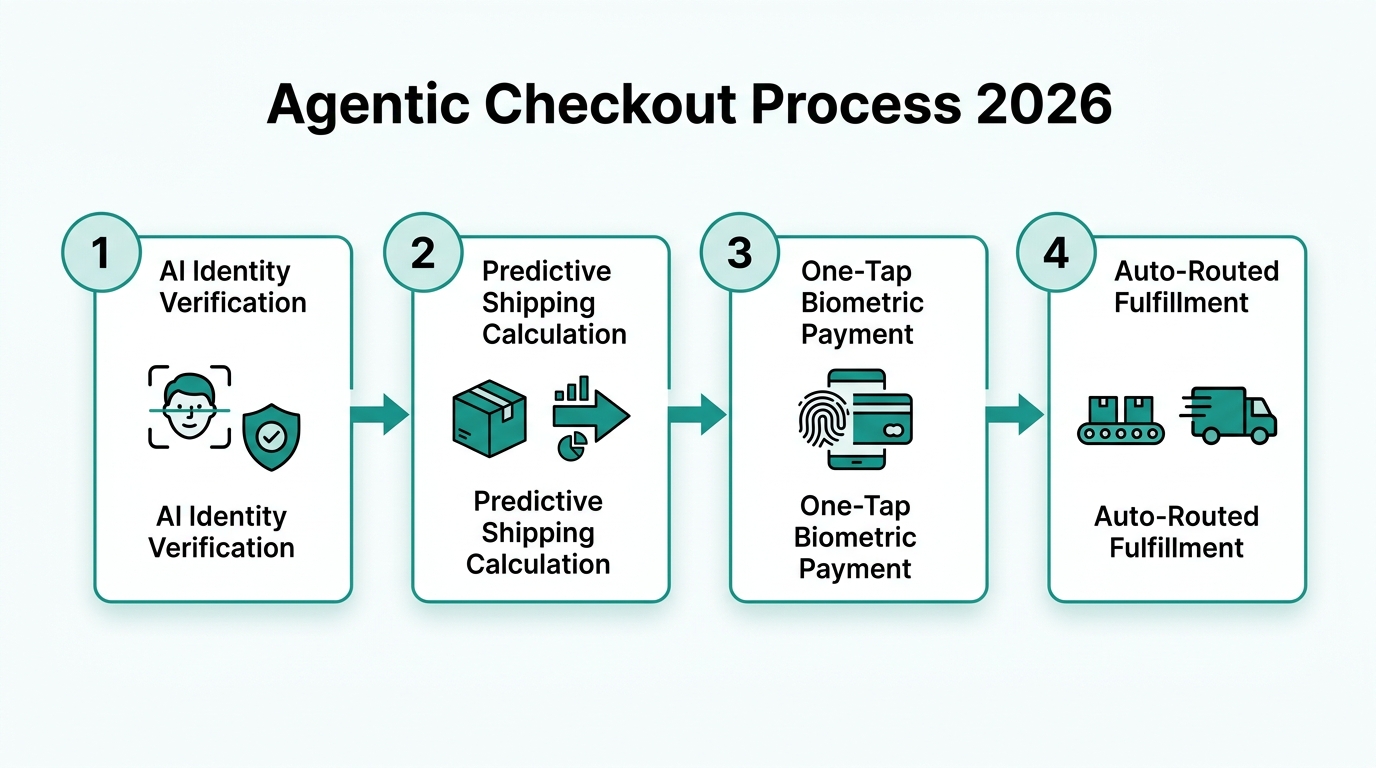 Four-step breakdown of the 2026 high-speed agentic checkout process.