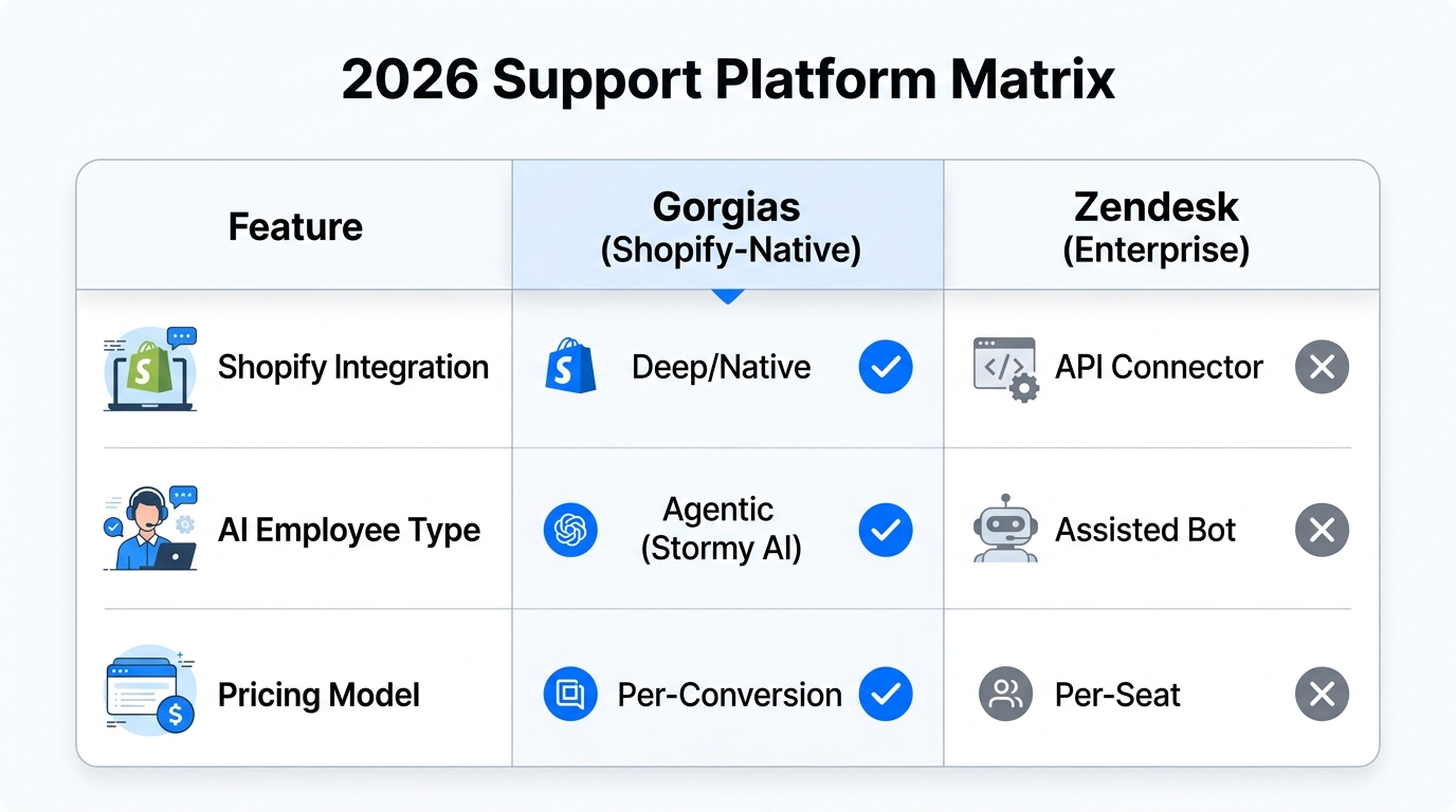 Comparison of Gorgias and Zendesk features for 2026 Shopify operations.