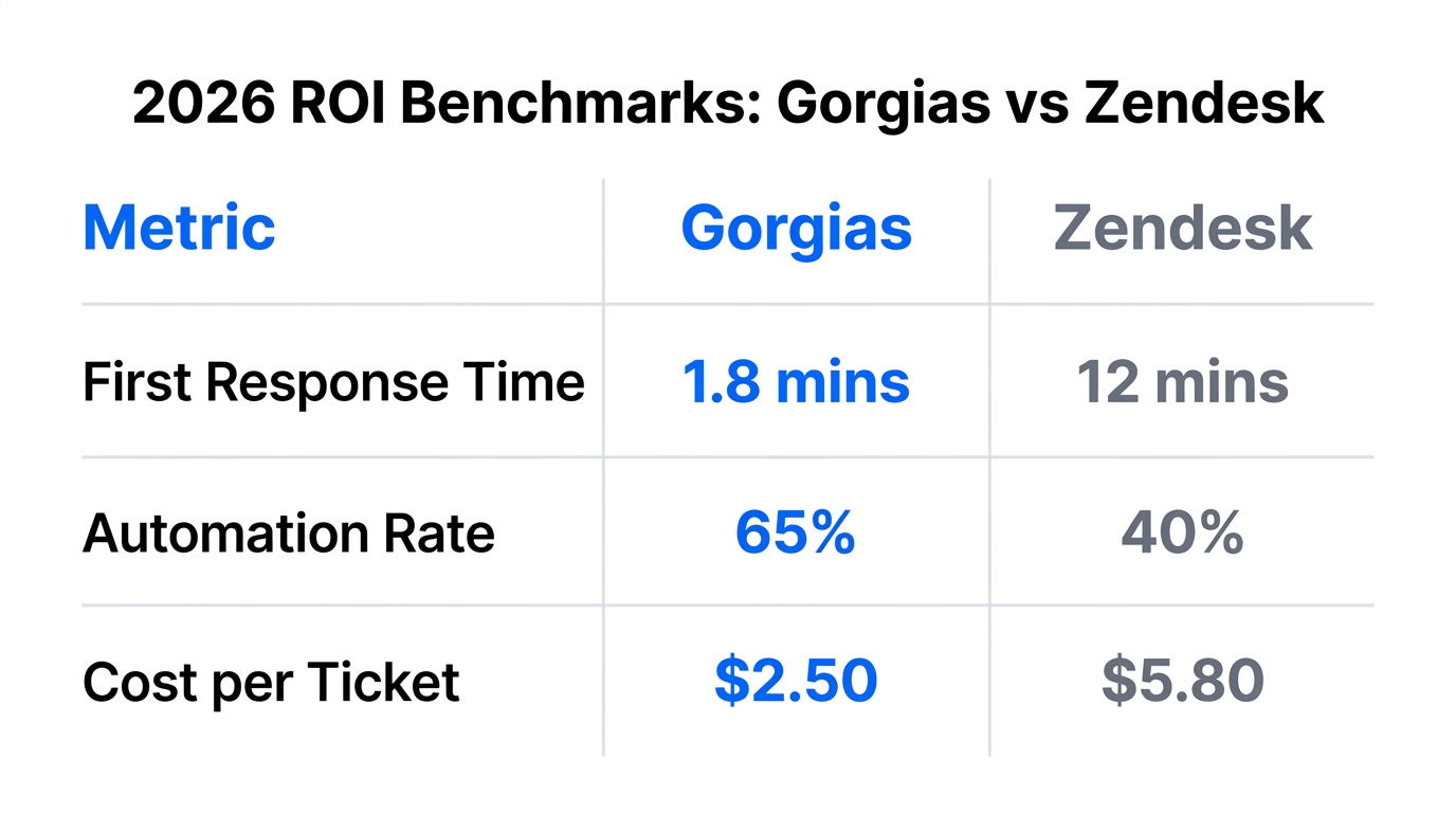 Efficiency comparison showing Gorgias versus Zendesk across key performance metrics.