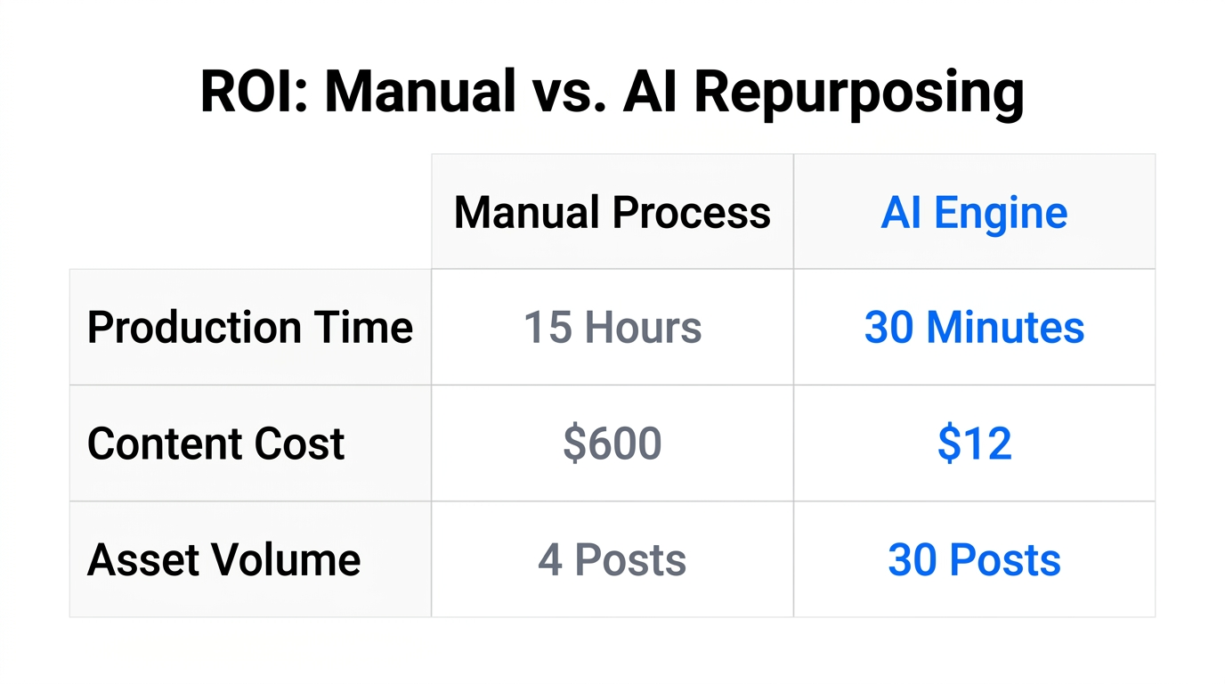 Comparison of time, cost, and volume between manual and AI workflows.