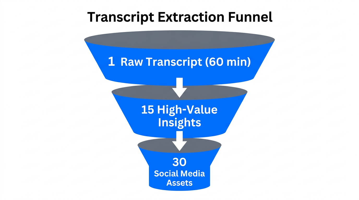 Funnel visualization showing the extraction of 30 assets from one transcript.