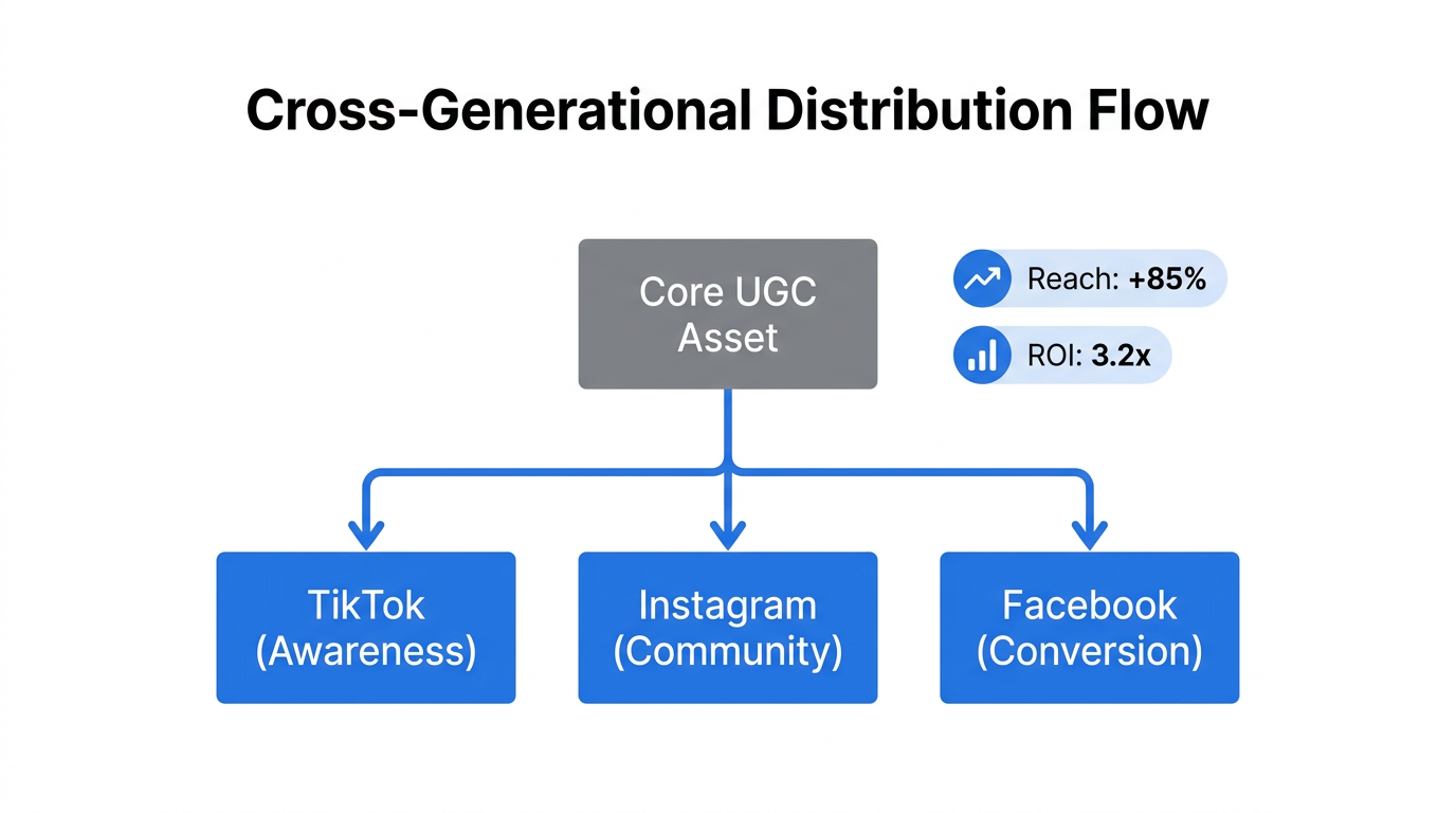 Workflow for distributing granfluencer content across major social platforms.