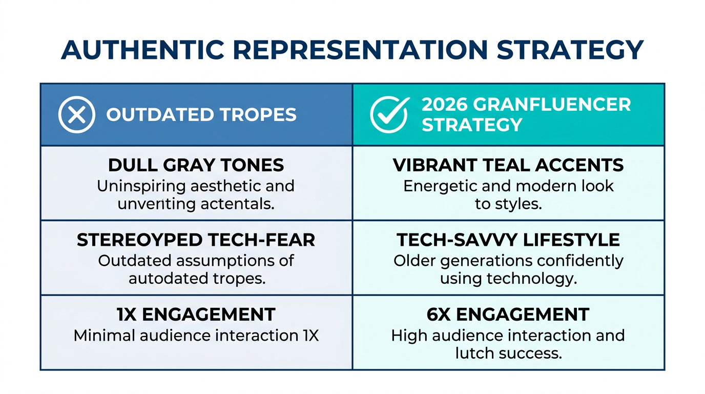 Comparison of high-performing authentic content versus outdated marketing stereotypes.