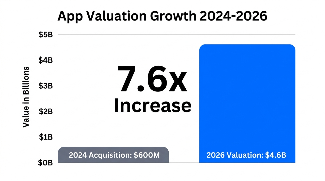Comparison of app valuation from acquisition to current 2026 market peak.