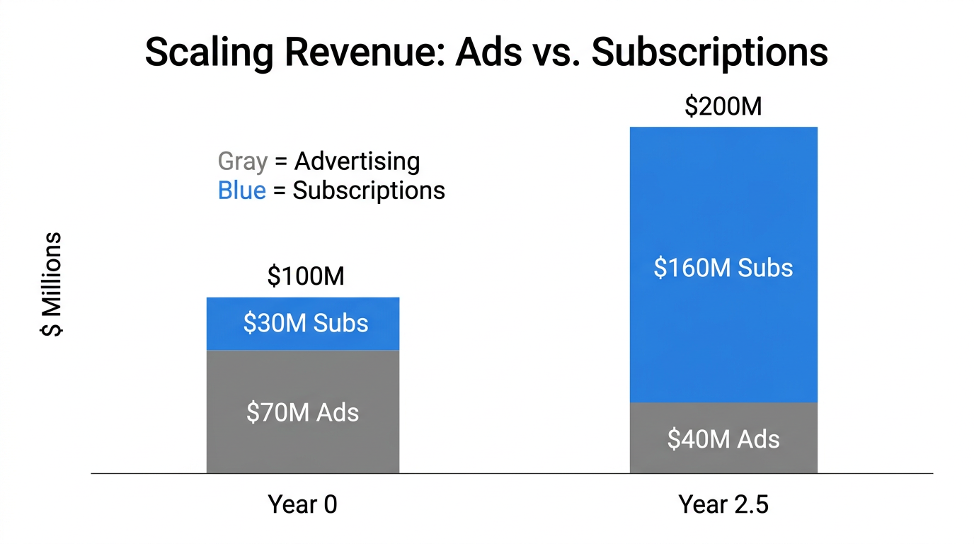 Revenue growth visualization showing the shift from advertising to subscriptions.