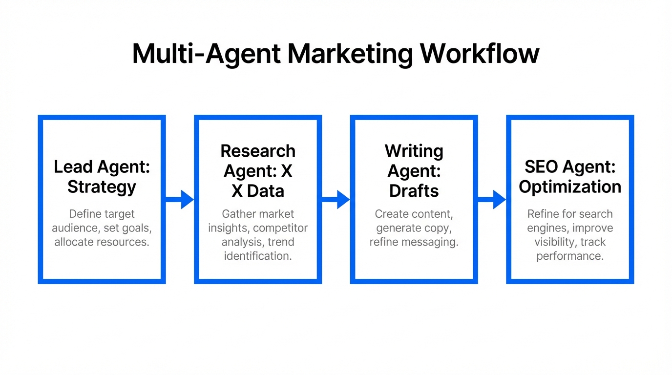 Workflow diagram of an AI-powered multi-agent content marketing team.