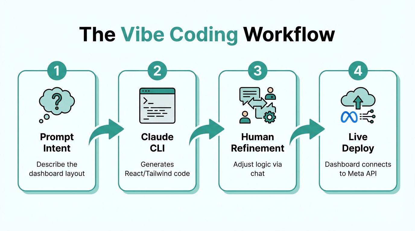 The four-step process of vibe coding dashboards using natural language.