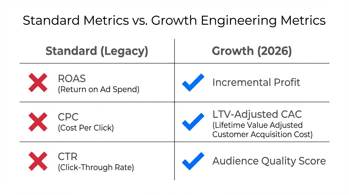 Comparison of traditional vanity metrics versus modern growth engineering metrics.