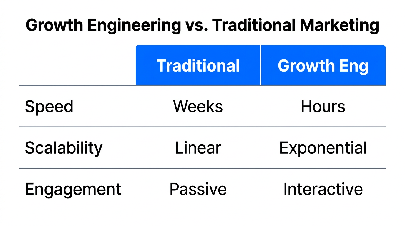 Key differences between traditional marketing tactics and growth engineering approaches.