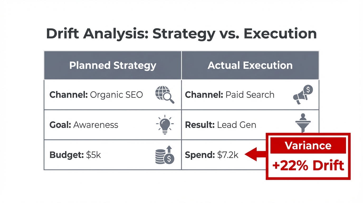 Comparison table identifying gaps between planned strategy and actual execution.