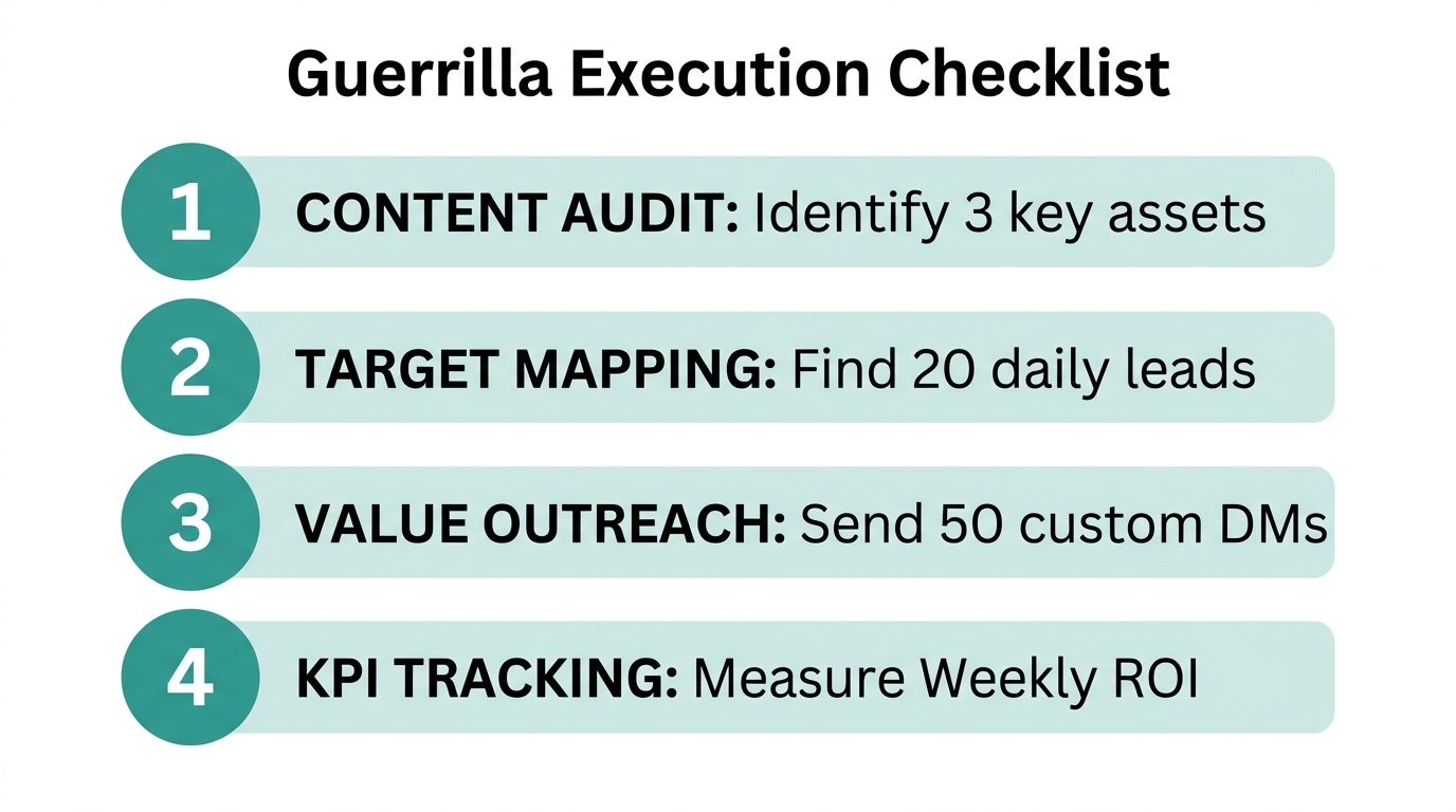 Operational checklist for executing a successful guerrilla marketing campaign.