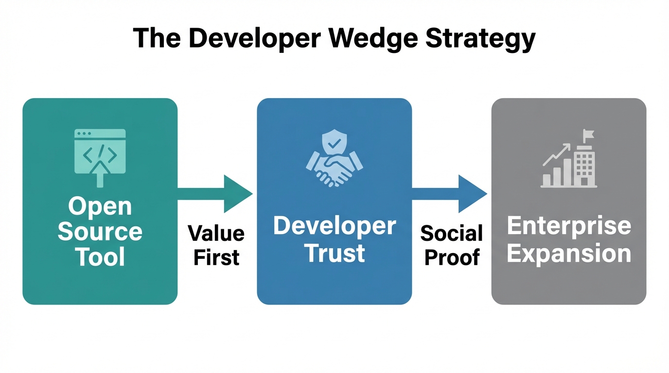 Flowchart illustrating the wedge strategy for scaling developer-focused startups.