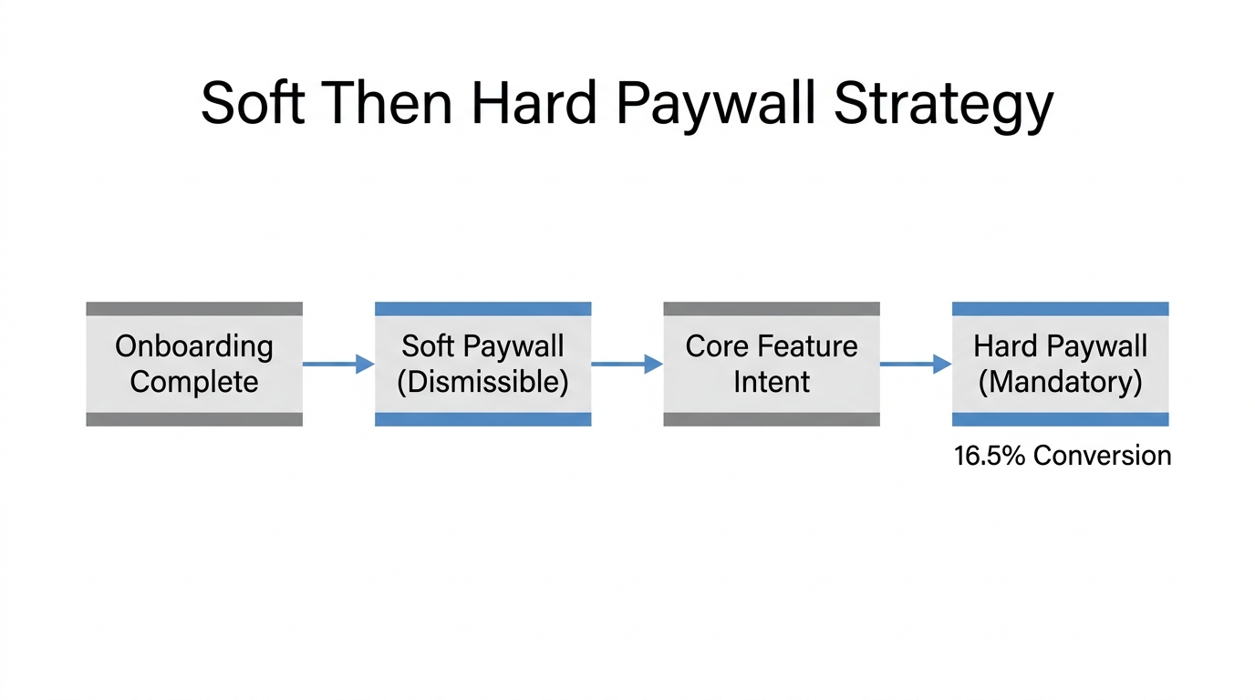 A flowchart showing the progression from a dismissible to mandatory paywall.