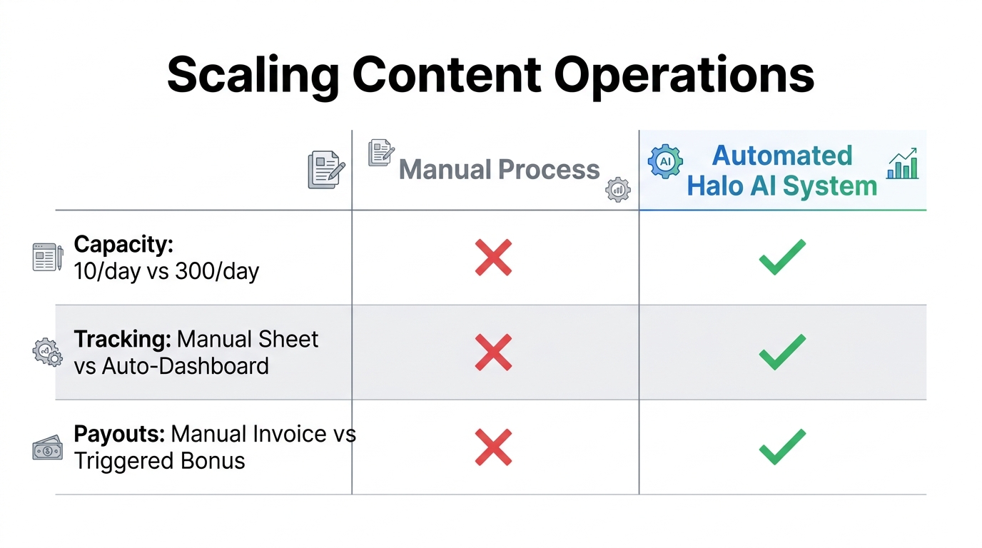 Comparison of manual versus automated systems for managing creator output.
