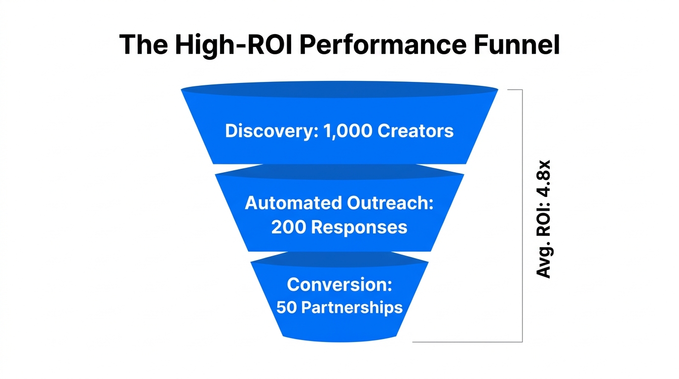 Influencer marketing performance funnel showing expected conversion and ROI metrics.