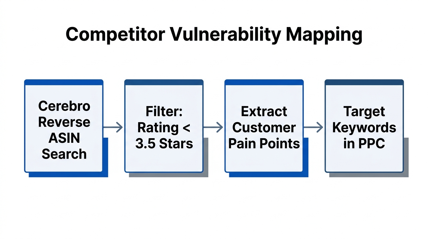 Workflow for identifying and targeting competitor weaknesses using Helium 10 Cerebro.