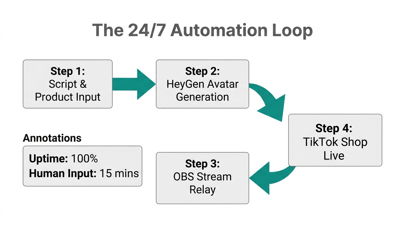The automated workflow for scaling TikTok Shop via AI avatars.
