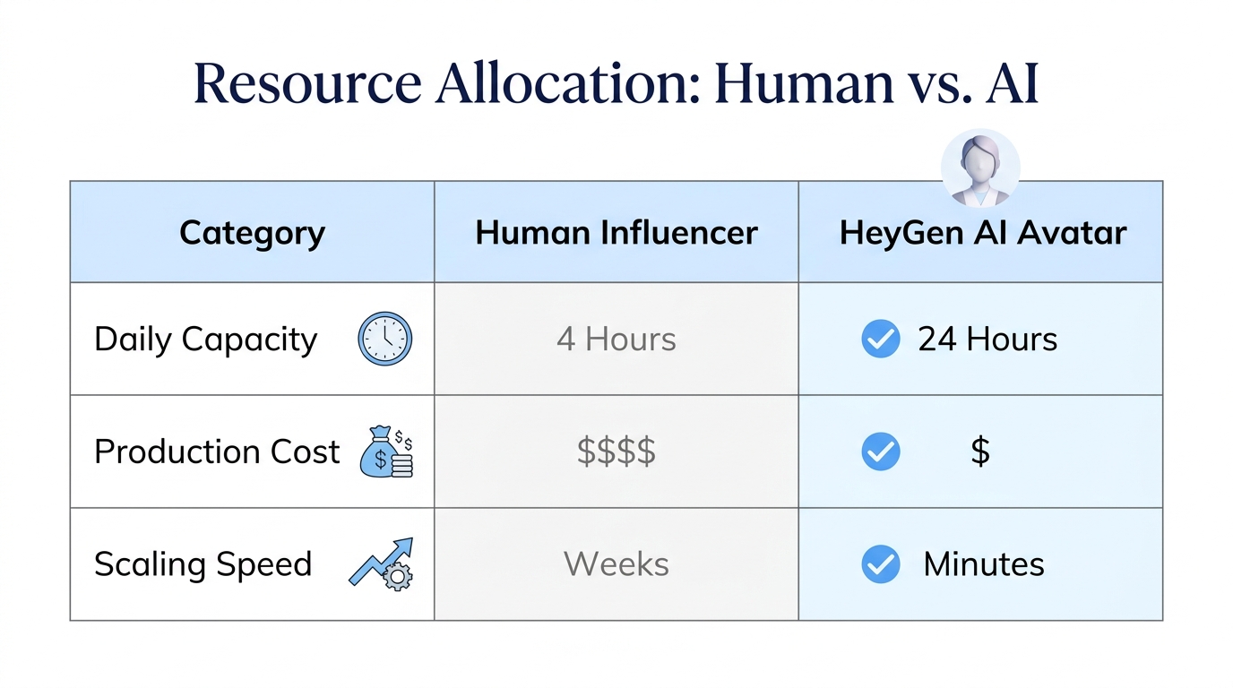 Cost and efficiency comparison between human creators and AI avatars.