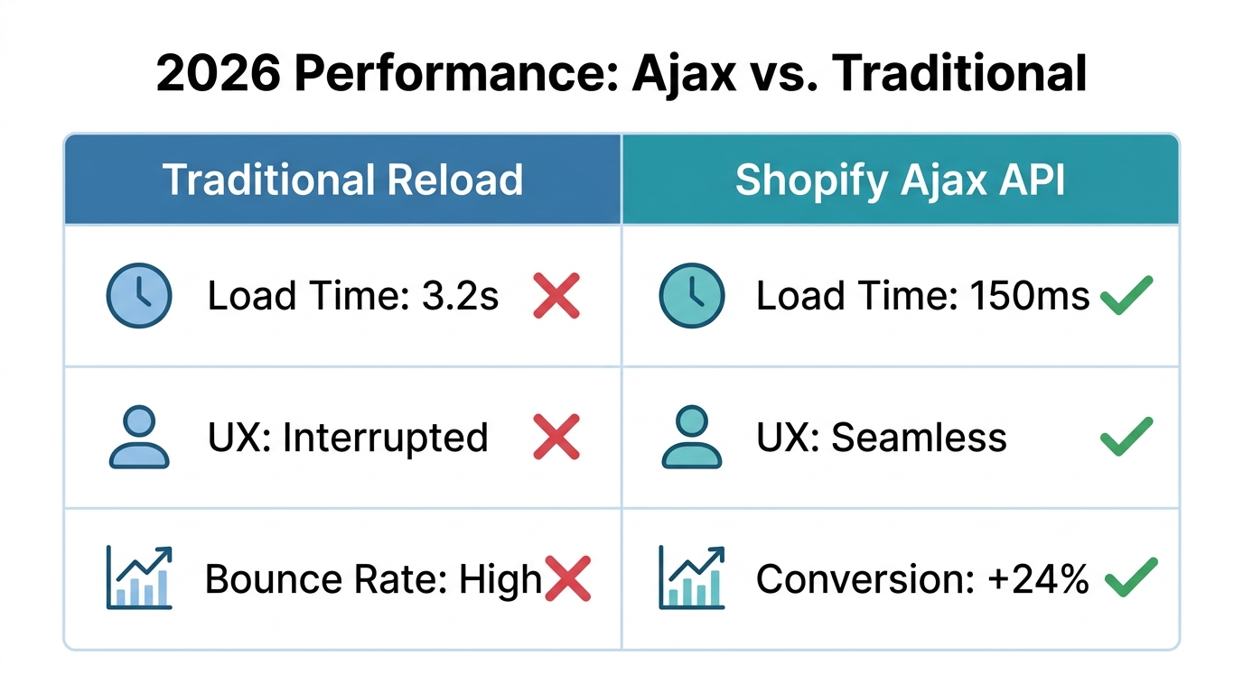 Performance comparison between traditional page reloads and Ajax API updates.