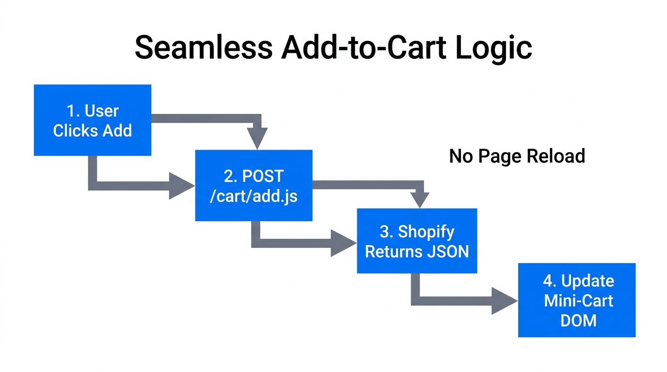 Technical workflow of a seamless add-to-cart process without page refreshes.