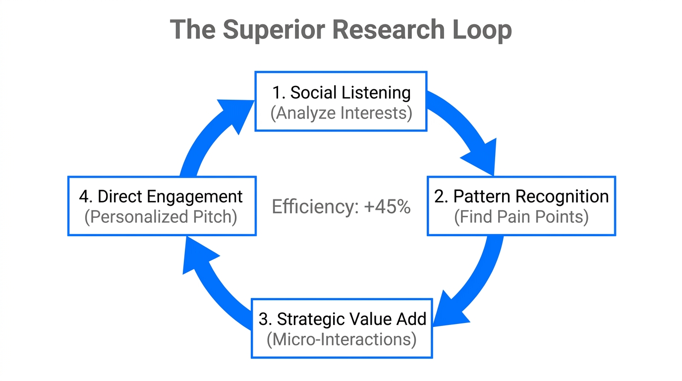 The four-stage continuous research loop for identifying high-value networking opportunities.
