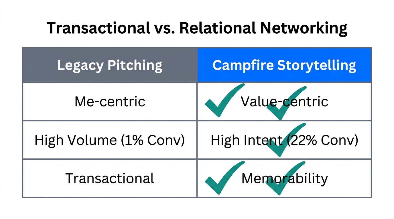 A comparison between traditional outreach and the narrative-driven campfire storytelling method.