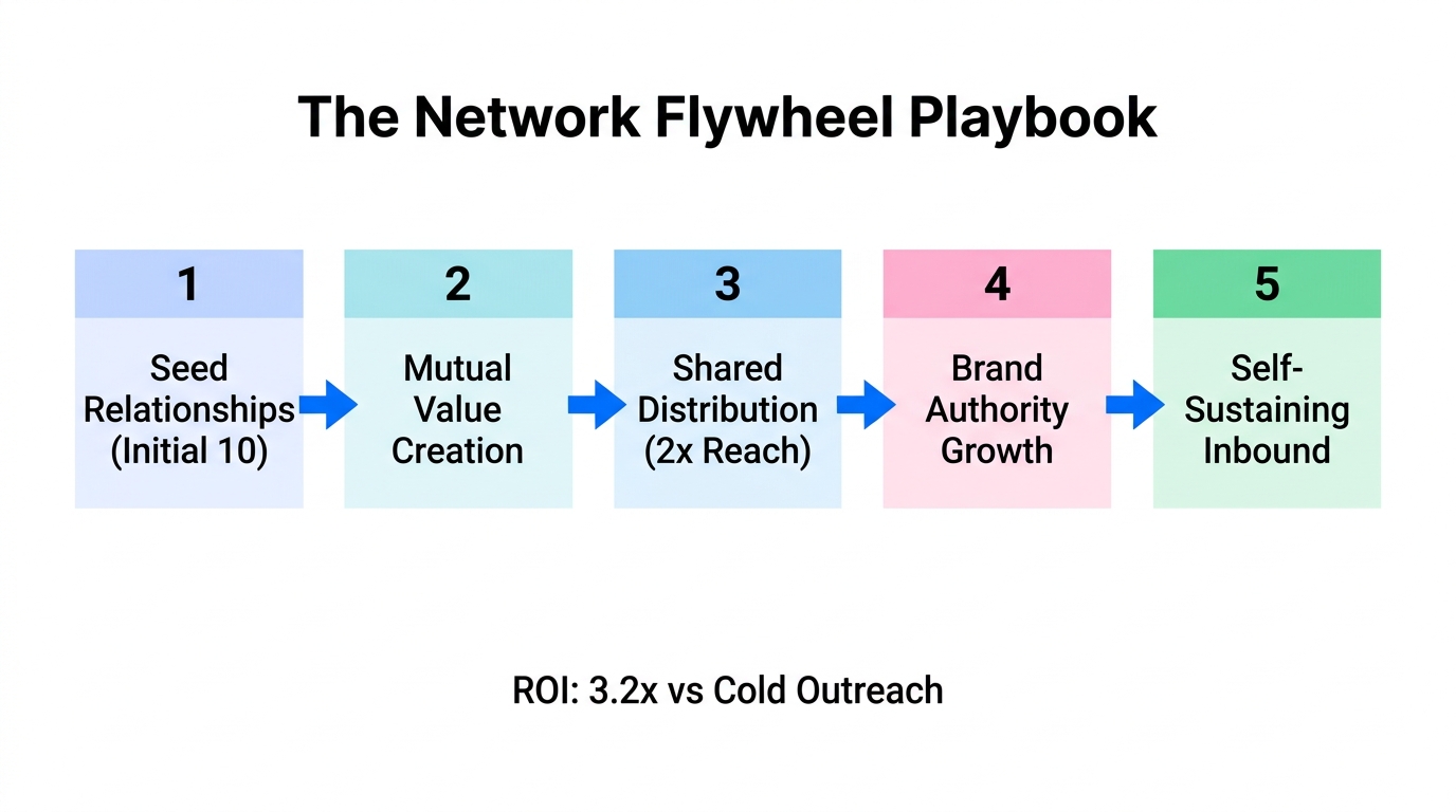 Step-by-step progression of a networking flywheel that fuels distribution growth.