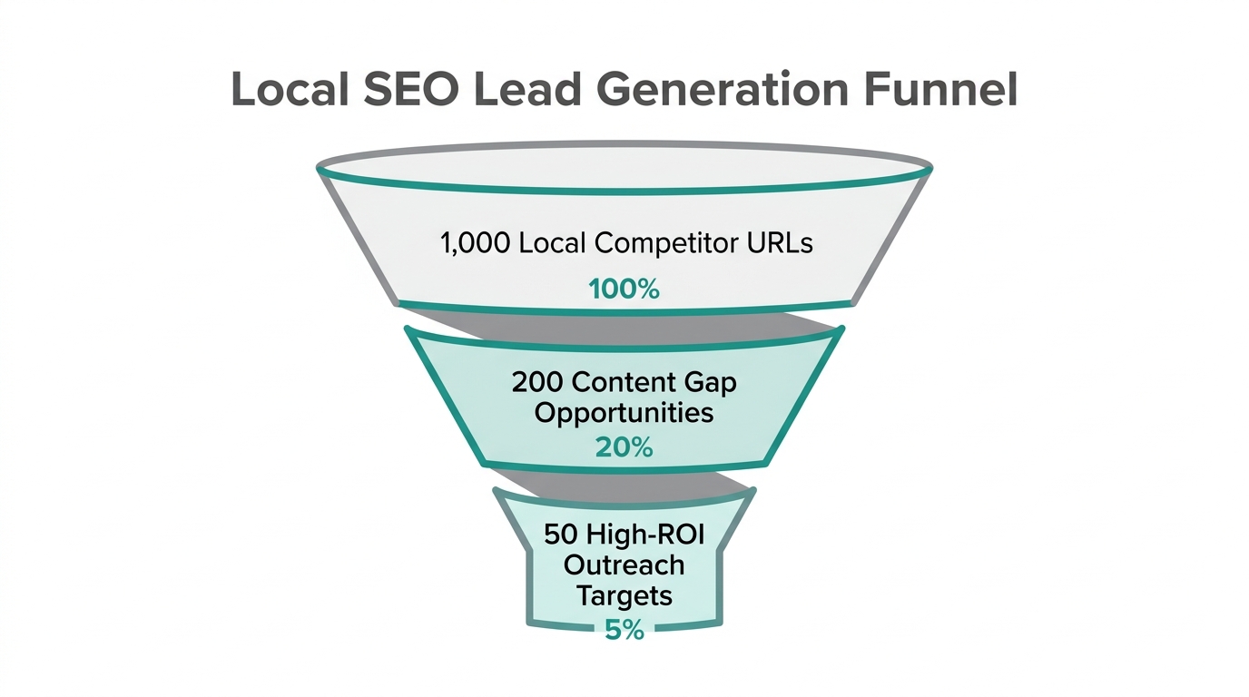 Conversion funnel showing data filtering from raw URLs to qualified leads.