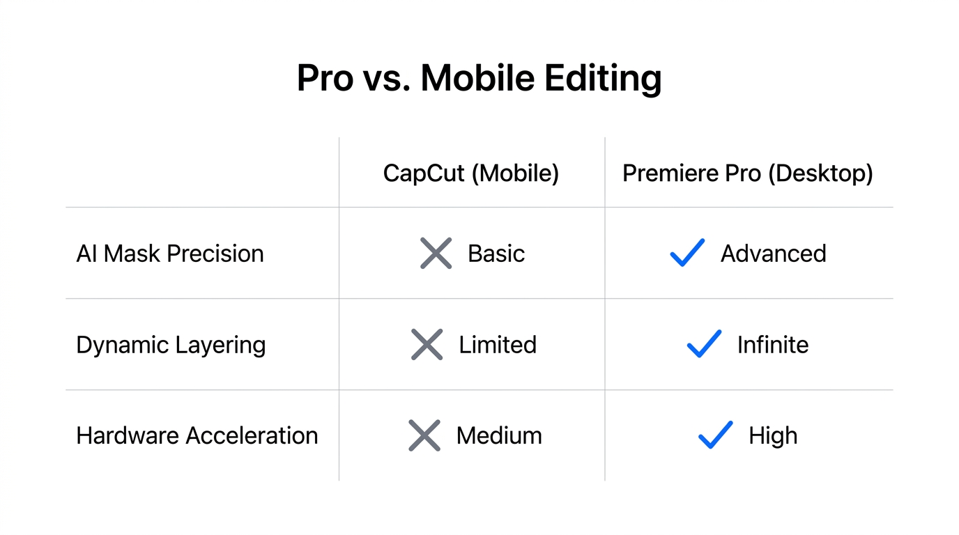A feature comparison showing Premiere Pro's advantages for high-fidelity content.