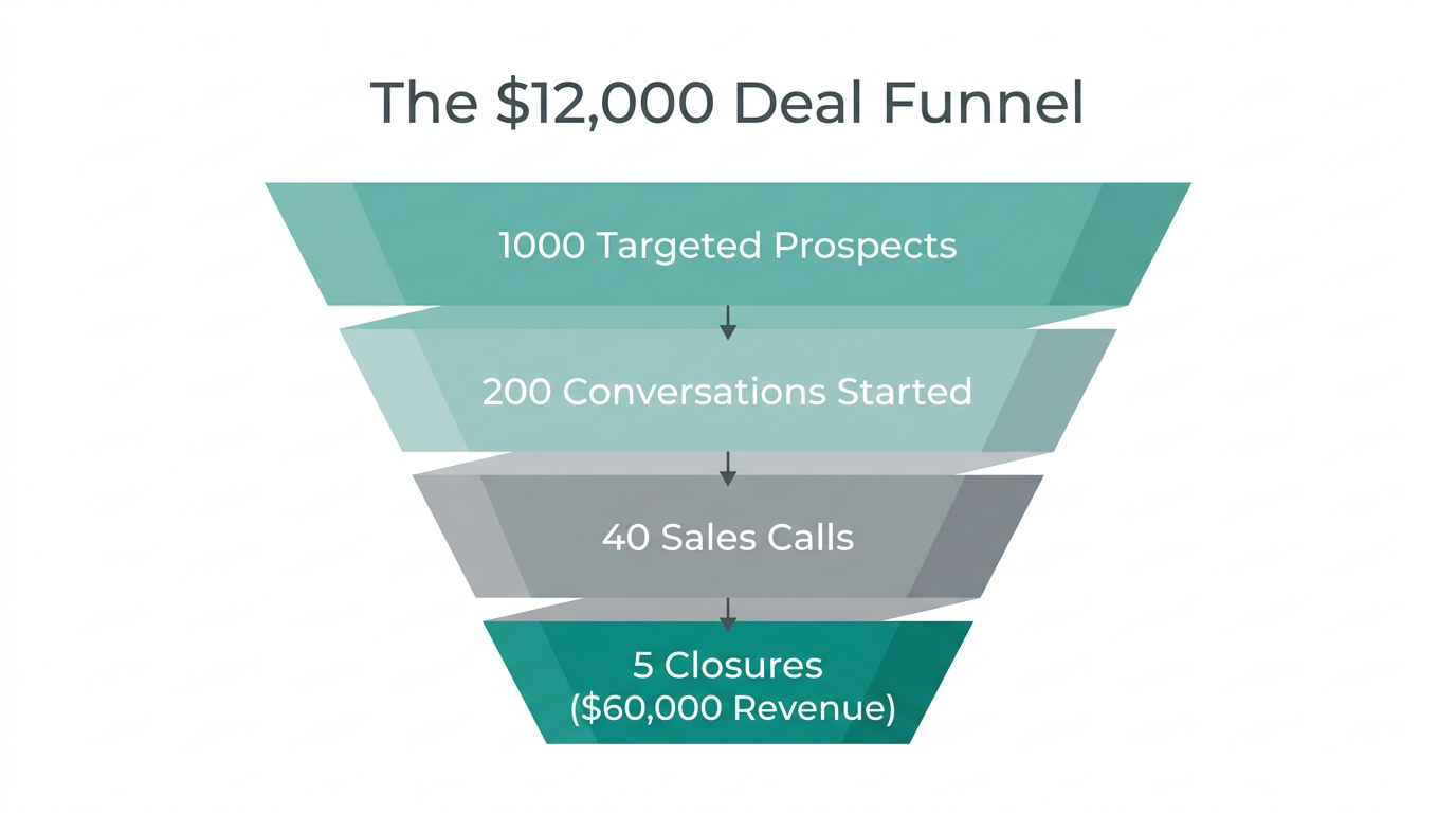 Conversion funnel metrics for closing high-ticket $12,000 service deals.