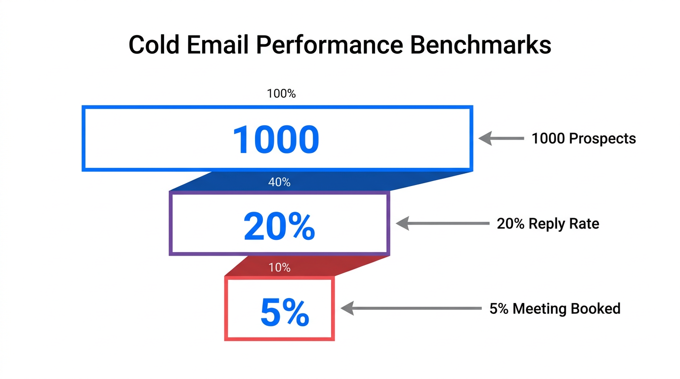 Conversion funnel benchmarks for a high-ticket cold email sequence.