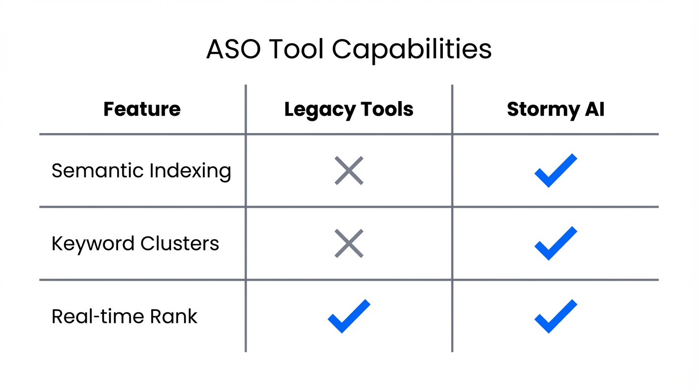 Feature comparison between legacy ASO platforms and AI-driven tools.