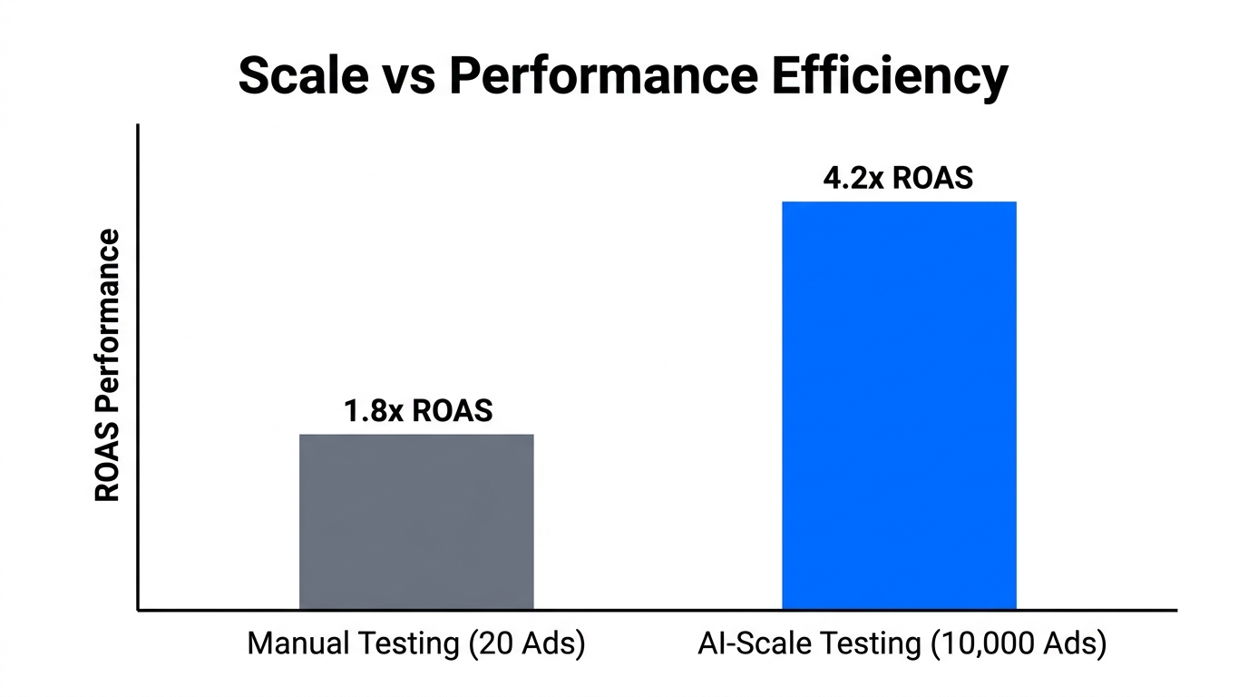 Comparison of ROAS performance between manual and AI-driven creative testing volume.