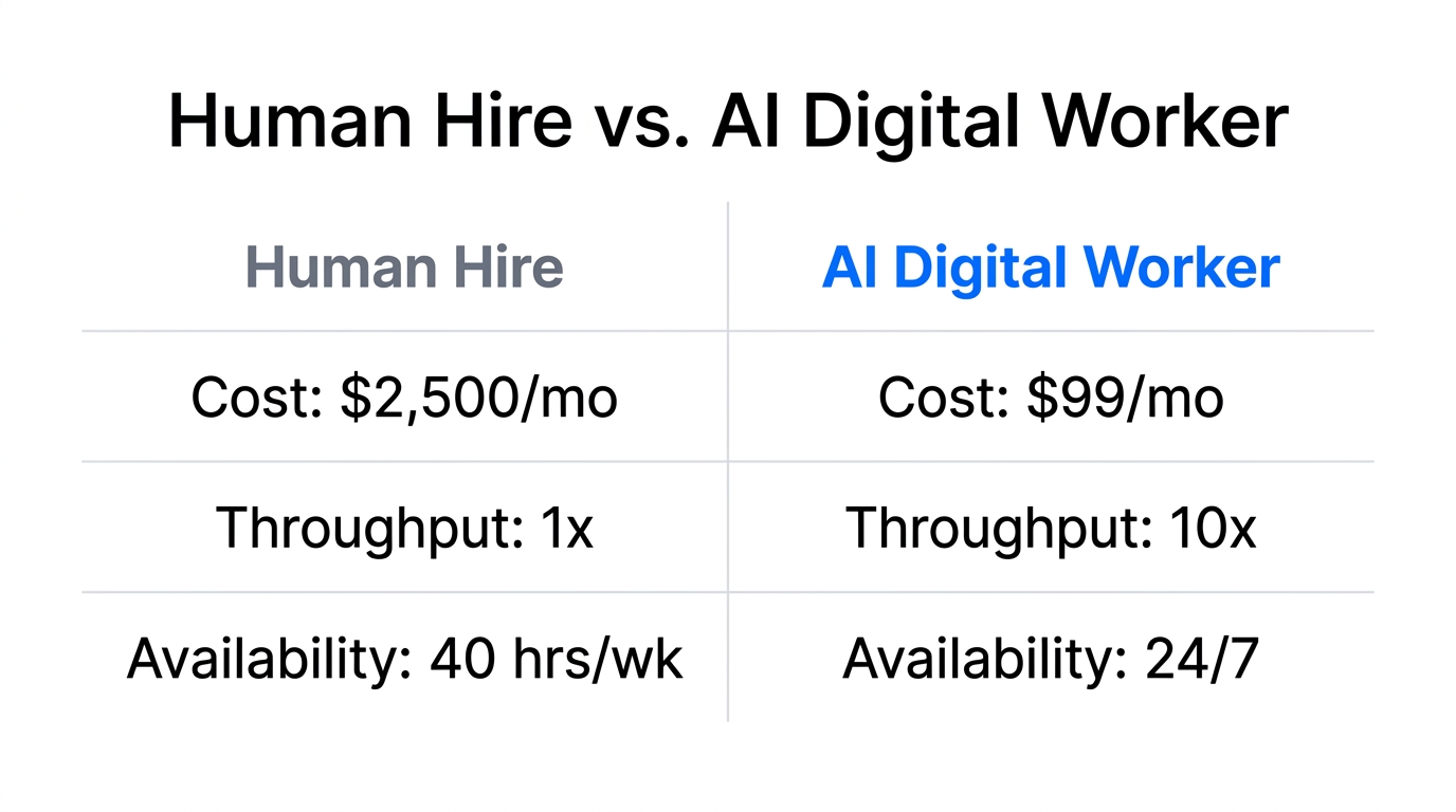 A comparison of cost and productivity between human and AI staff.