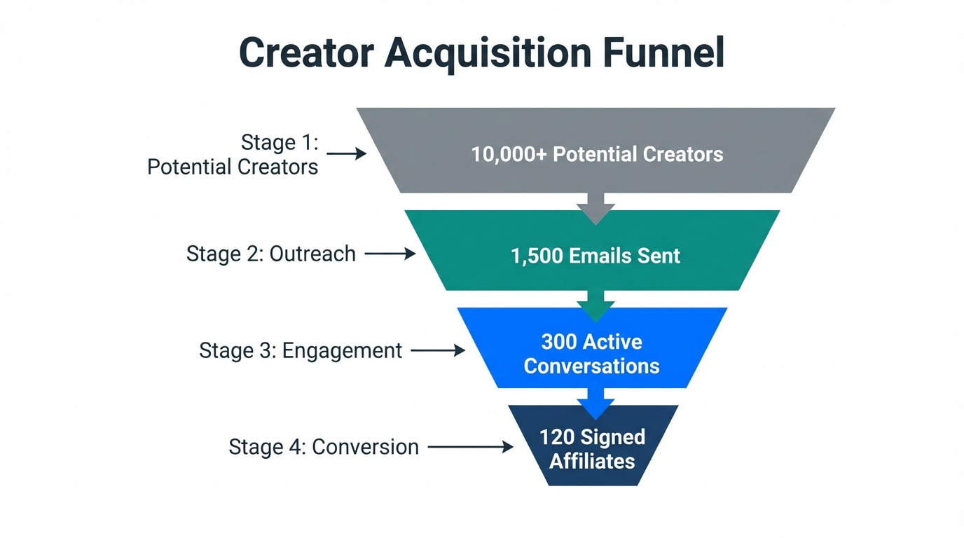 Creator acquisition funnel showing the conversion from leads to signed affiliates.