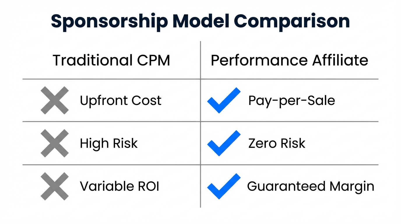 Key differences between traditional CPM sponsorships and performance-based affiliate models.