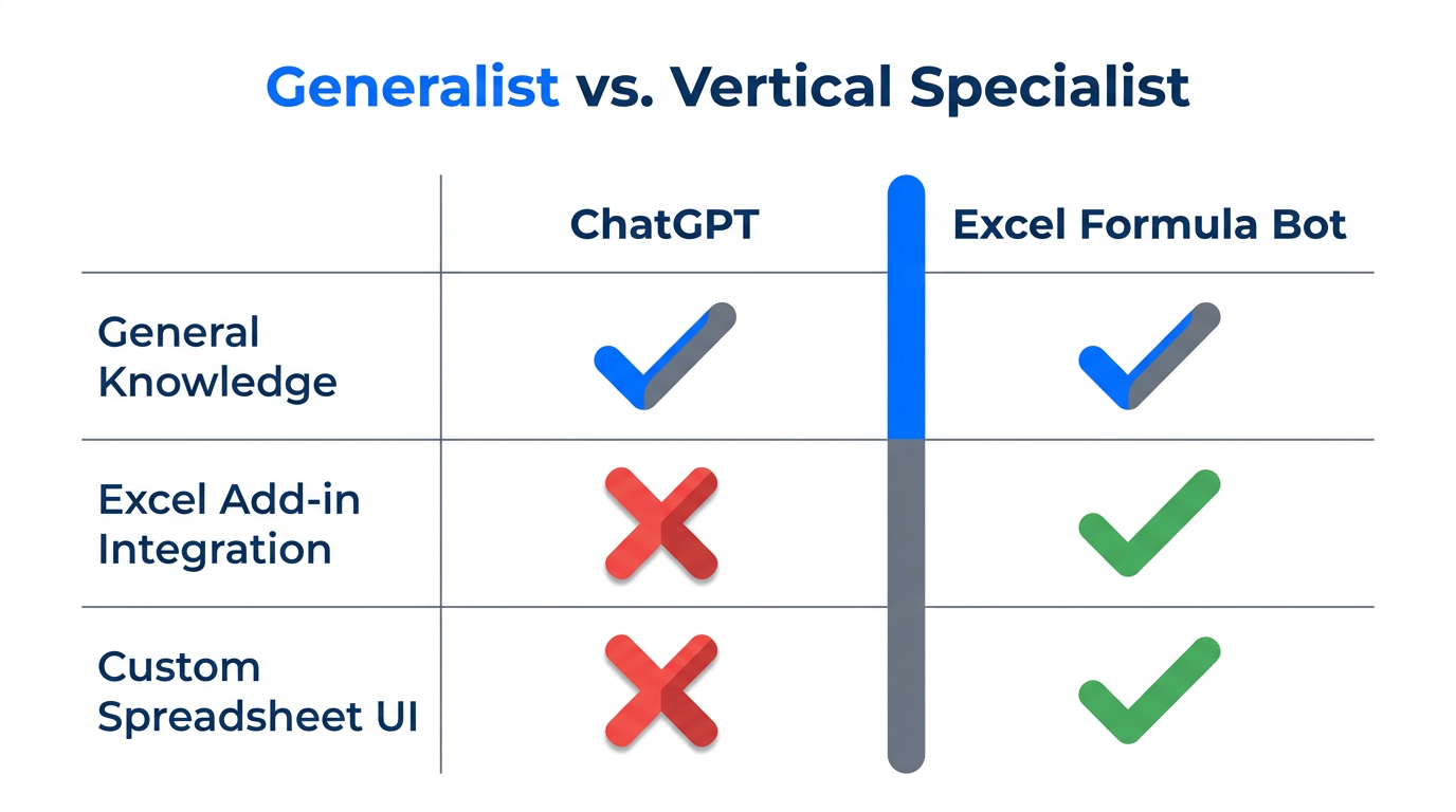 A comparison of features between general AI and vertical-specialized SaaS.