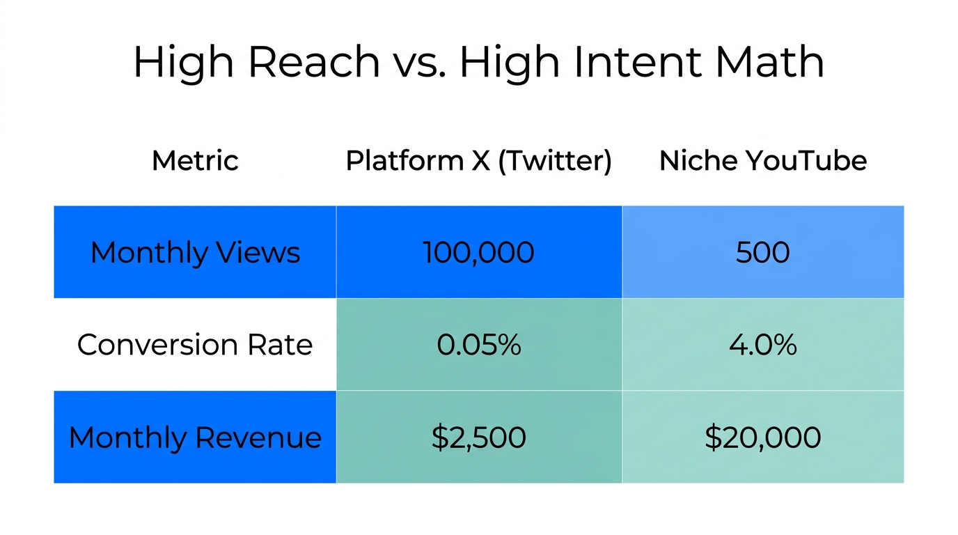 Comparison of ROI between high-volume social reach and niche YouTube views.